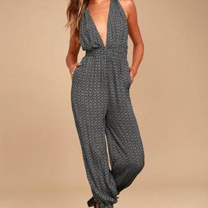 Take a Trip Black Print Halter Jumpsuit